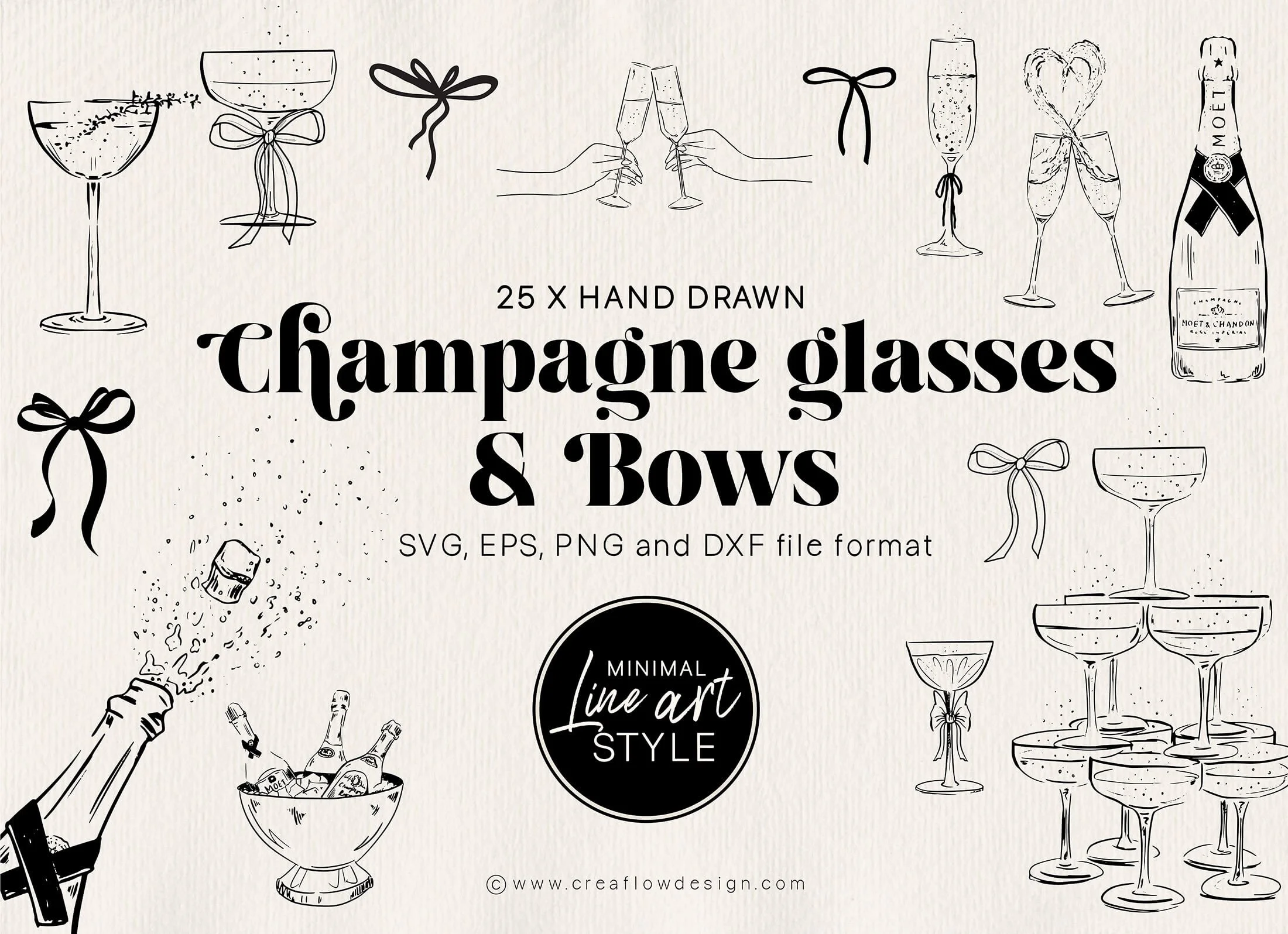 `Champagne glasses & Bows´ clipart collection, including 25 hand drawn elegant champagne glass illustrations. Created and sold by https://creaflowdesign.etsy.com