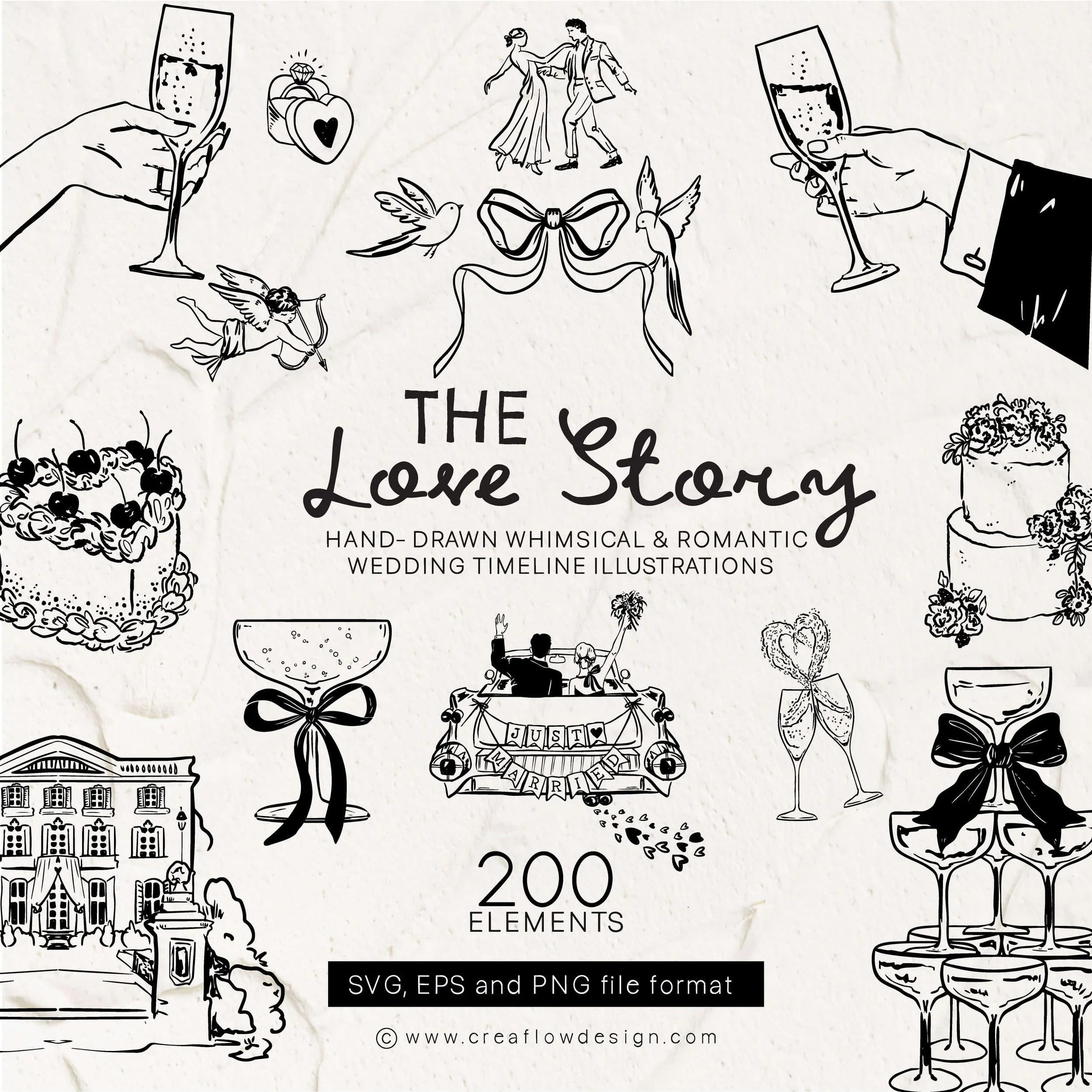 `The Love Story´ vector clip art pack, featuring 200 hand-drawn wedding elements in a minimal doodle style. Perfect clip art pack for creating bachelorette, save the date and wedding invitations. Sold by https://creaflowdesign.etsy.com