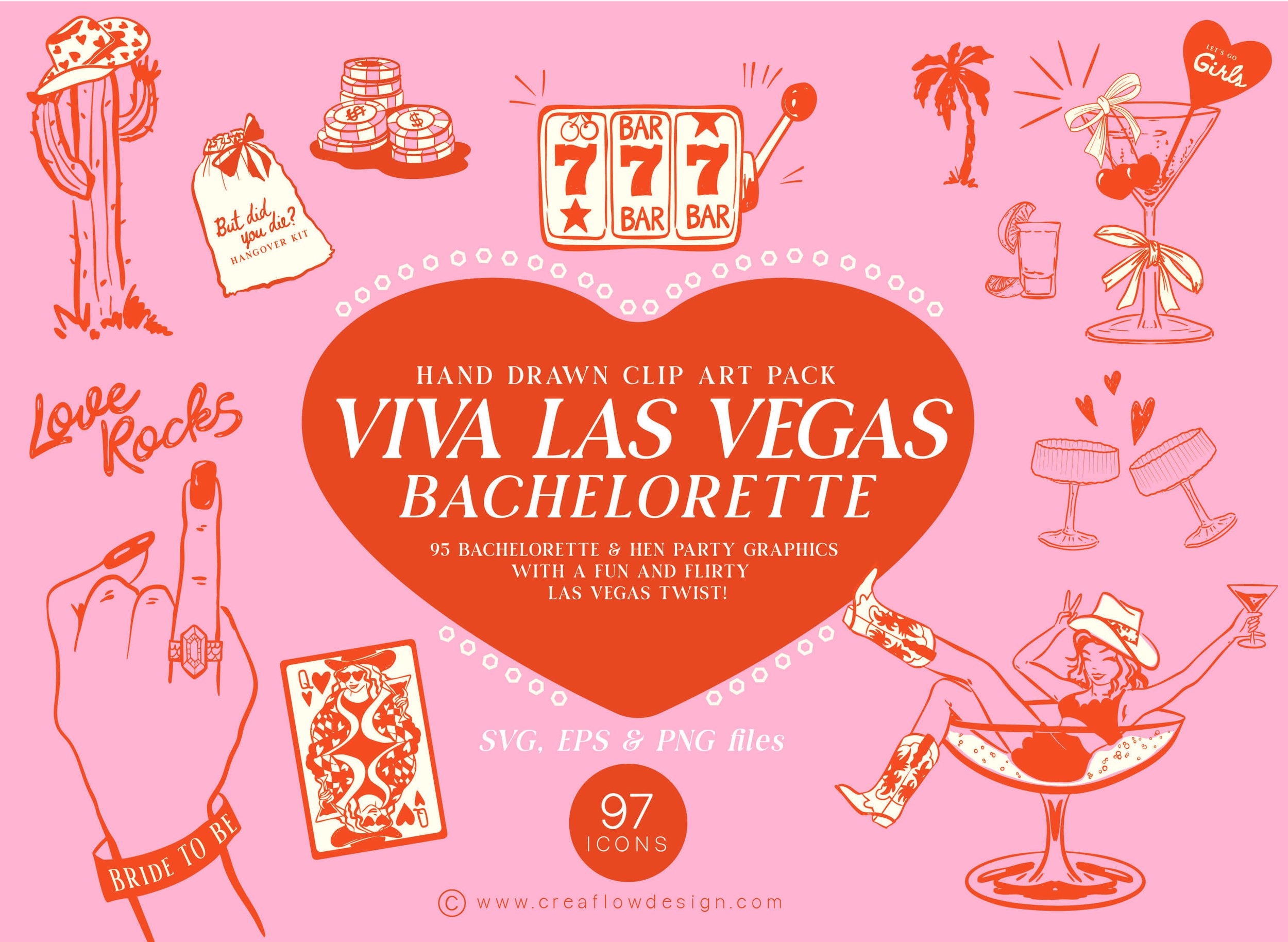 Viva Las Vegas Bachelorette clip art pack, including 97 hand-drawn whimsical bachelorette and hen party icons for party invitations, bachelorette party apparel and web design. Sold by https://creaflowdesign.etsy.com