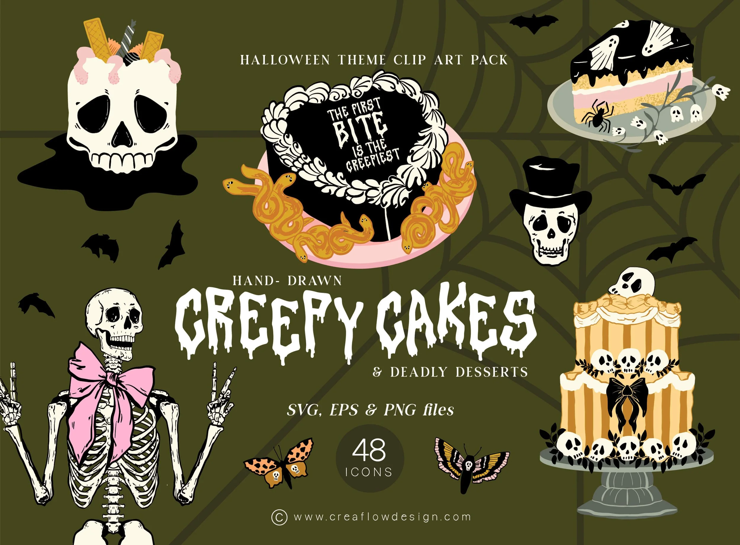 Collection of Halloween-themed illustrations including skulls, skeletons, bats, spiders, cobwebs, and decorated cakes with skull motifs, set against a dark green background with spider web patterns.