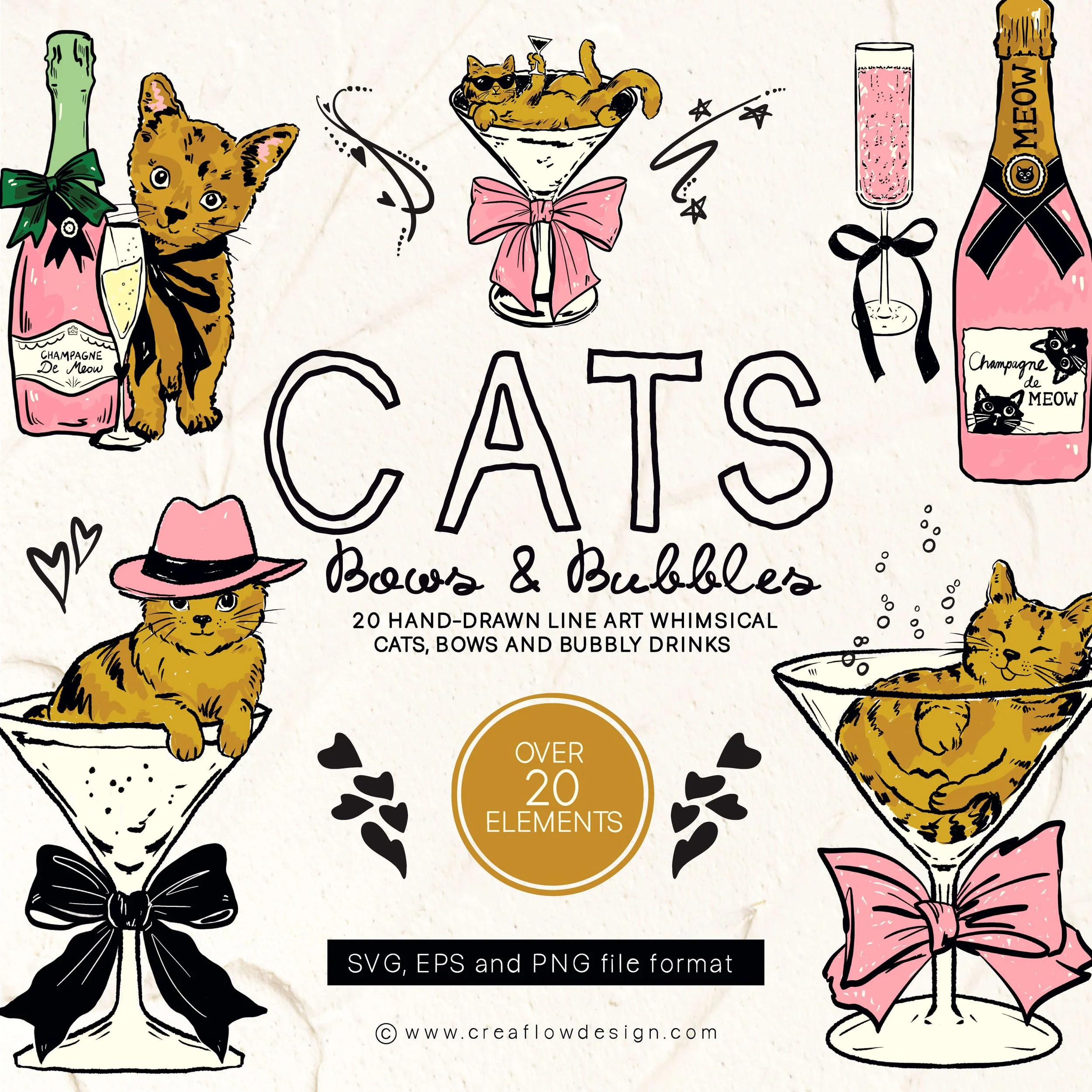 'Cats, Bows & Bubbles' clip art pack, including over 20 hand-drawn whimsical vector illustrations of cats, champagne bottles and bows. Sold by https://creaflowdesign.etsy.com