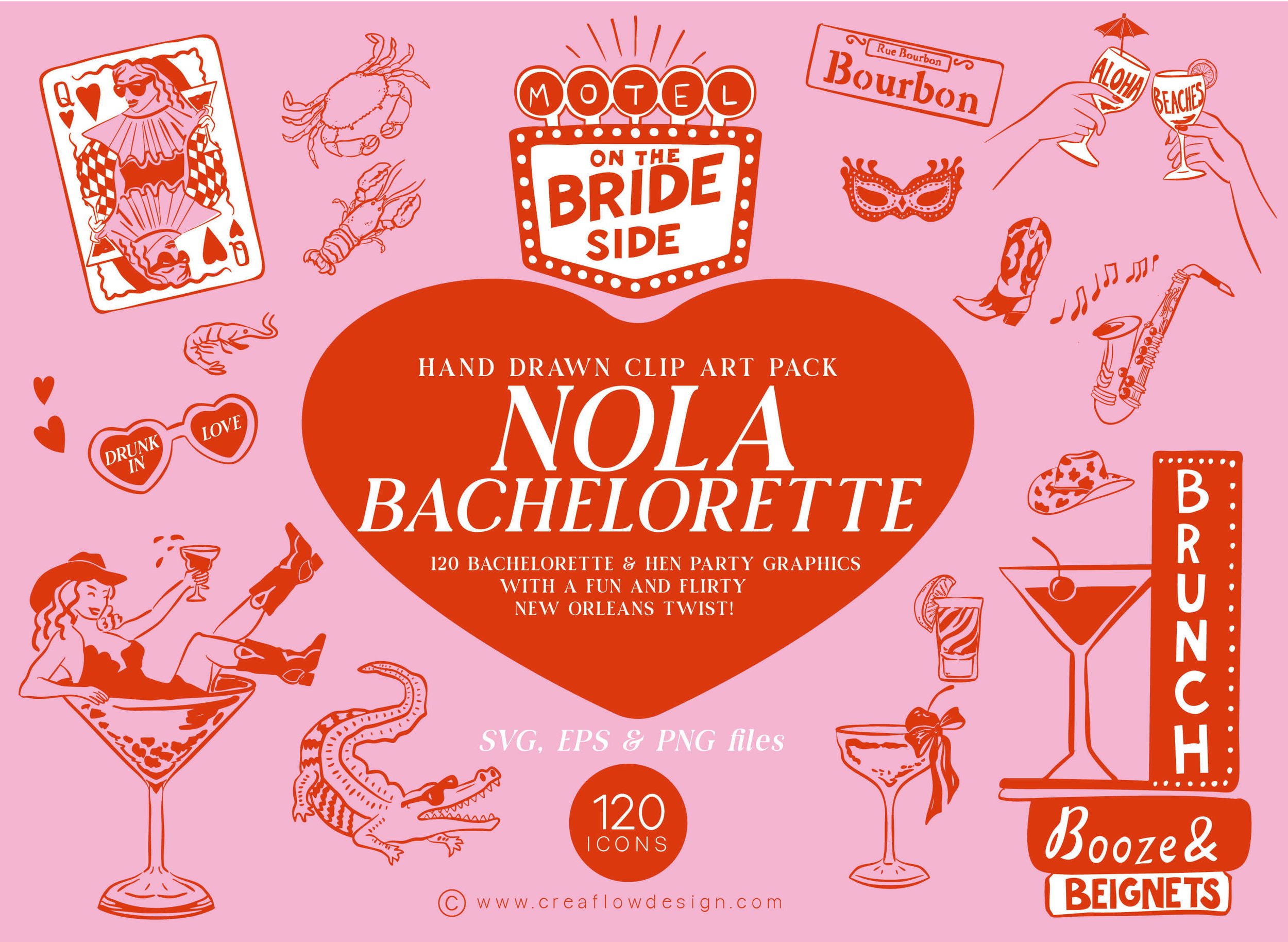 Pink background with red and white graphics of party themes like drinks, a crab, playing cards, a crab, a mask, a sneaker, a slice of pizza, and a crocodile. Center text reads "Hand Drawn Clip Art Pack NOLA Bachelorette" with details about the number of icons and file types. Other text mentions "Motel on the Bride Side," "Bourbon," and "Booze & Beignets."