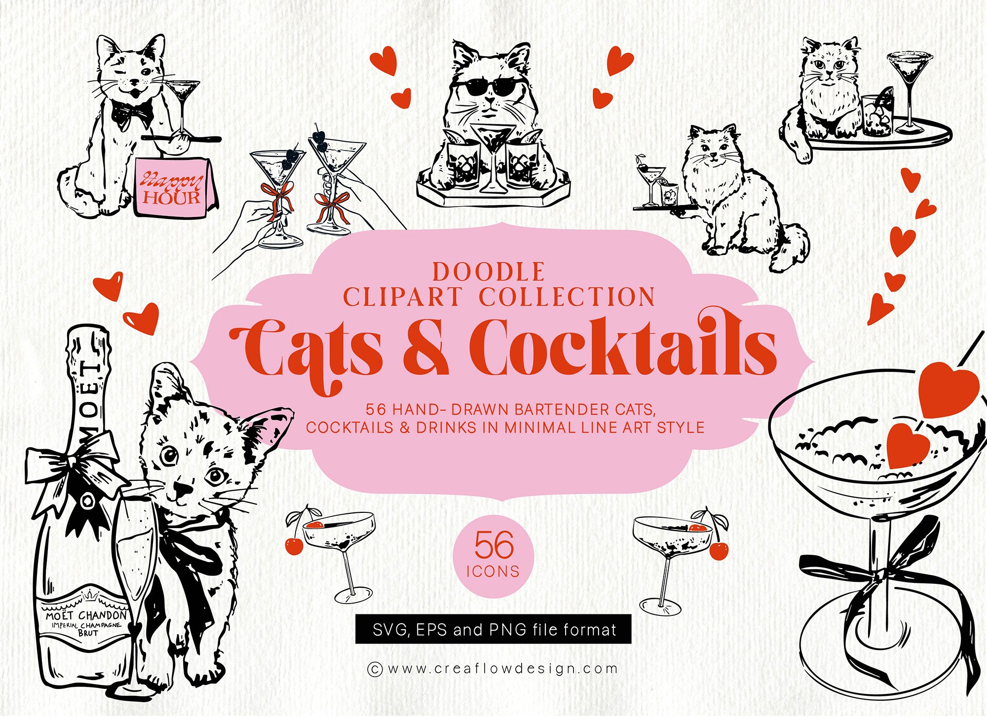 Illustration of various cartoon cats with cocktails, including a cat winking with a bow tie and a martini, a cat with sunglasses holding a drink, and a cat with get-well sign. There is a large pink label in the center reading 'Cats & Cocktails' with additional text about a collection of hand-drawn bartender cats and 56 icons. The image features minimal line art and some red hearts and cherries as decoration.