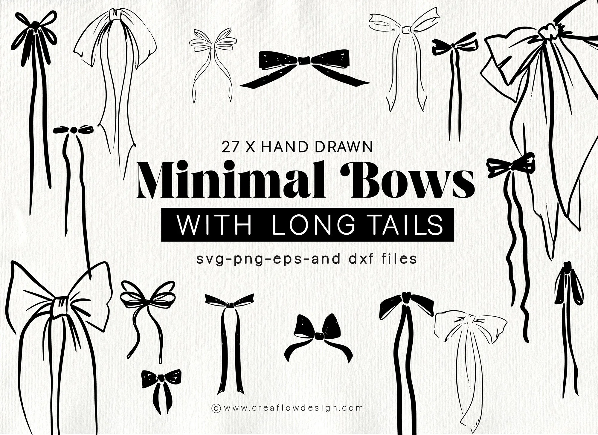 A collection of 27 hand drawn minimal bows with long tails, in various sizes and styles, displayed around a white background with black outlines.