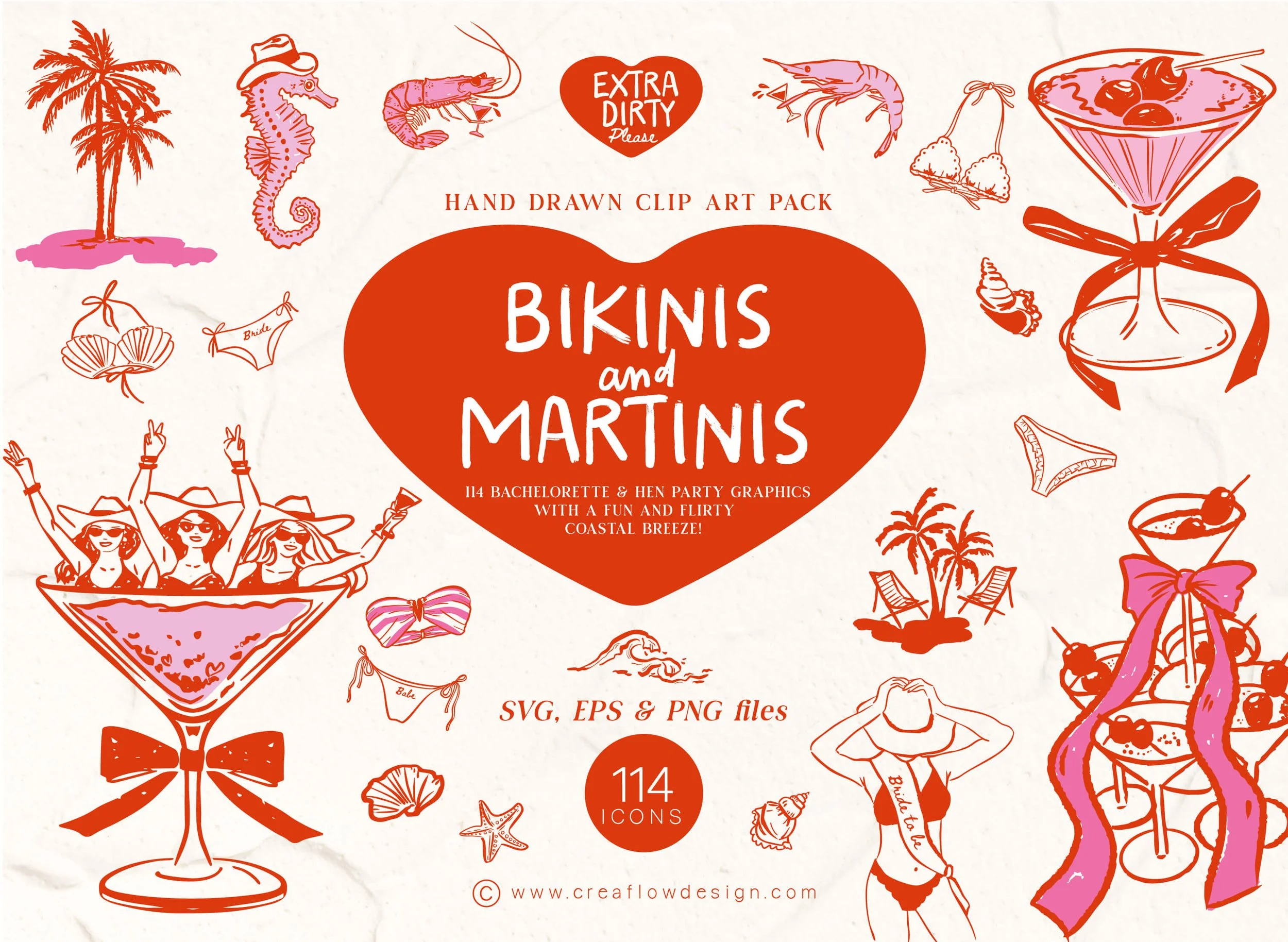 Hand-drawn clip art pack titled 'Bikinis and Martins'. Features illustrations of beaches, women in bikinis, cocktails, shrimps, a palm tree, seashells, starfish, and party accessories in red, pink, and white colors.