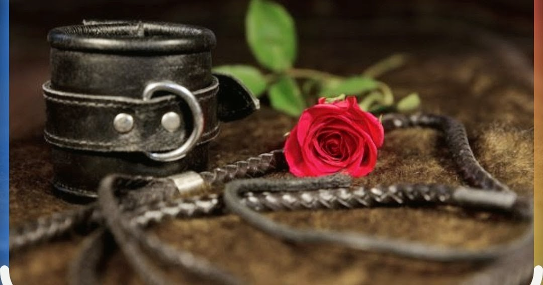 A red rose, a black leather collar, and a black leather leash with metal buckles are arranged on a brown surface with green leaves in the background.