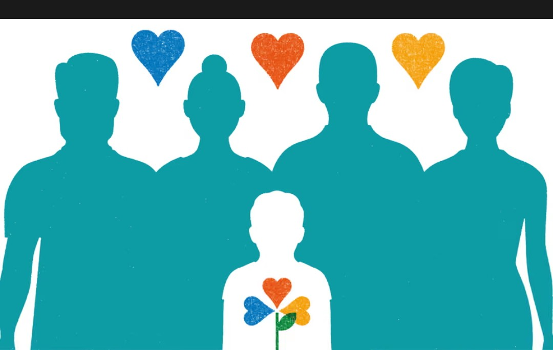 Silhouettes of five people, with a child in front and four adults behind, all in teal color. Above them are five colored hearts, and the child has a flower with hearts as petals.