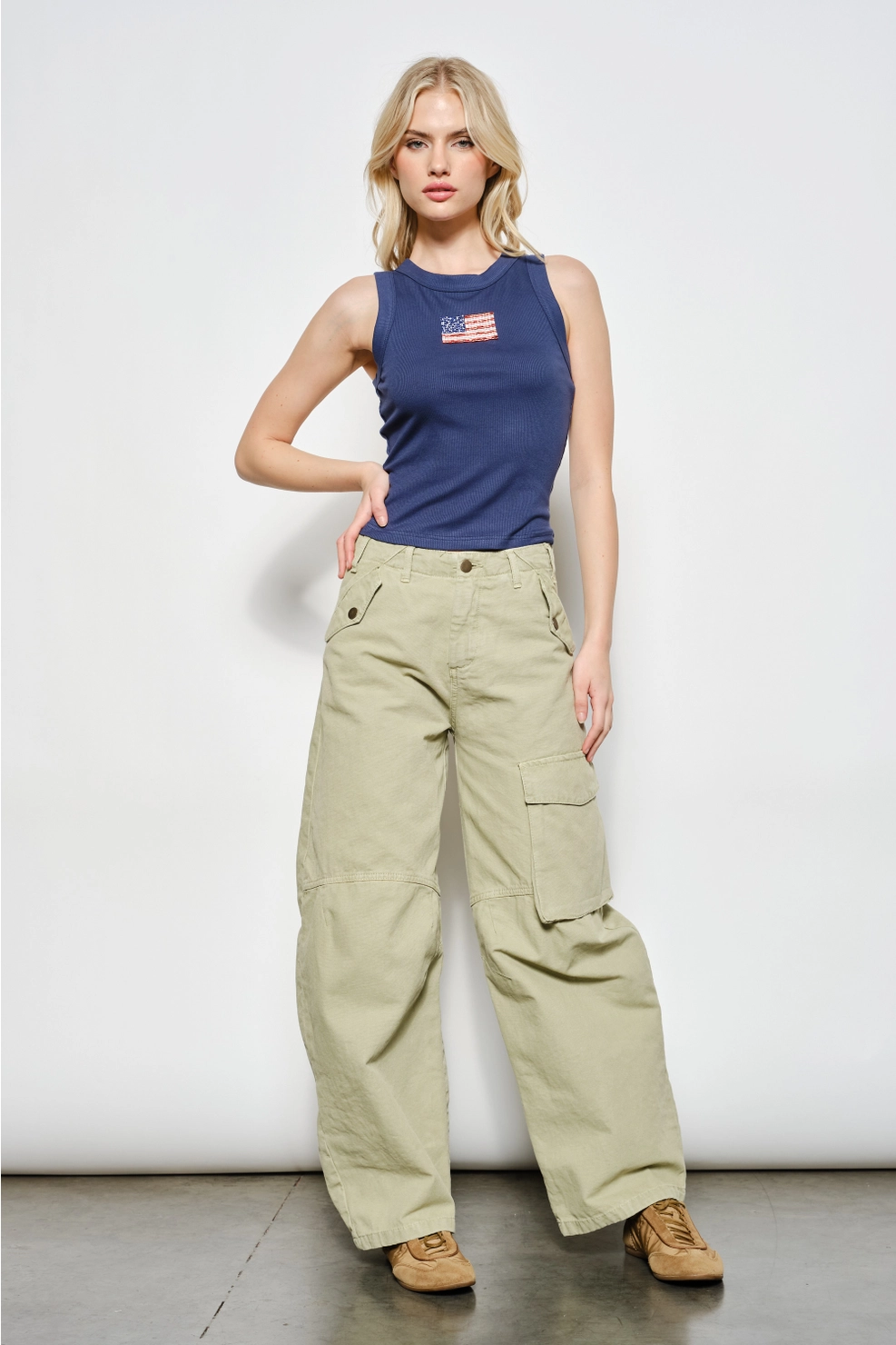 Navy ribbed tank with small American flag detail