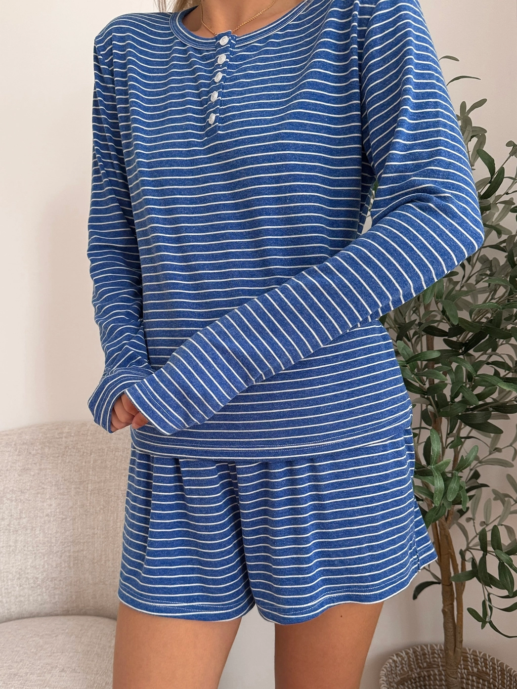 Blue Striped Loungewear Long Sleeve Top