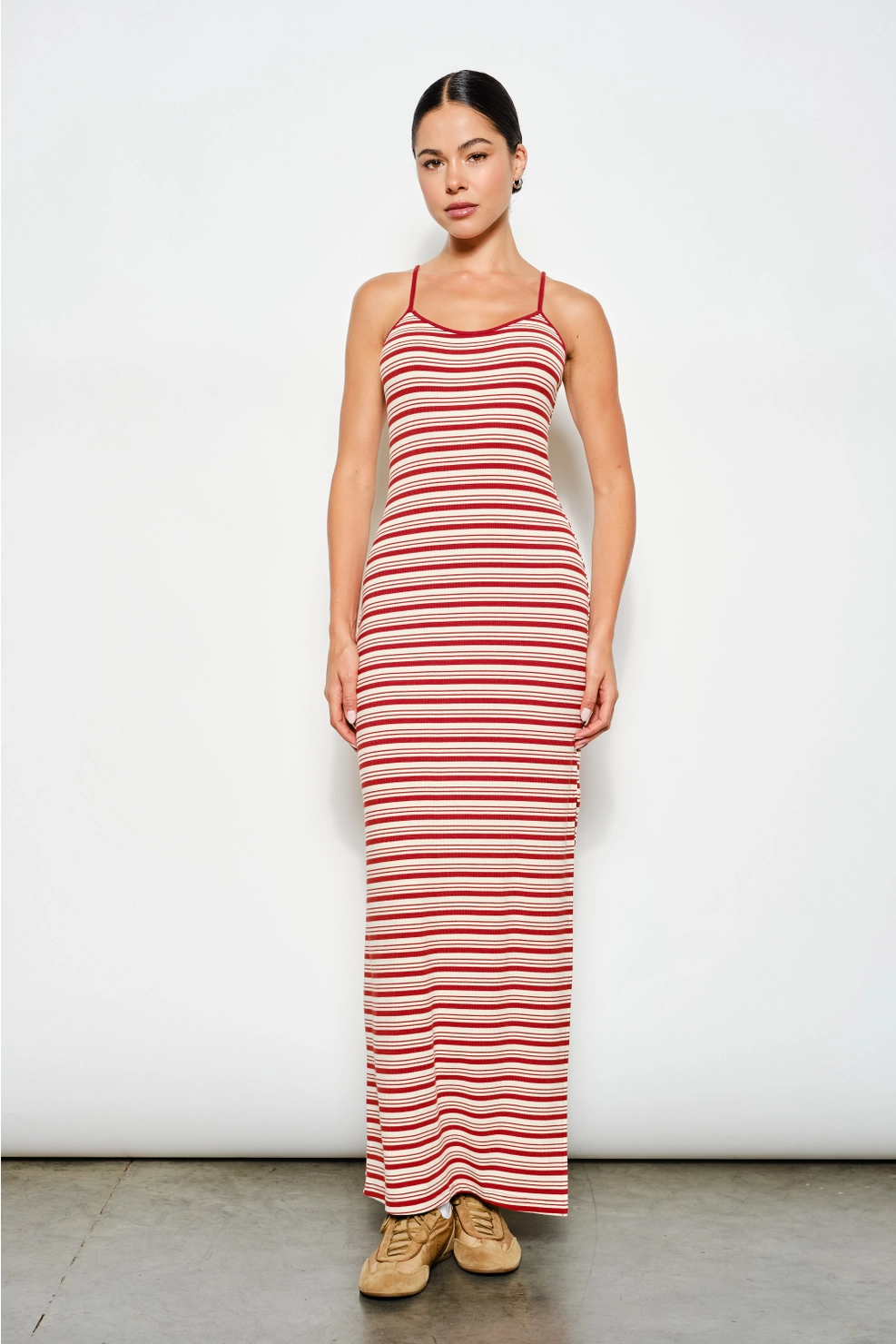 Red and cream striped maxi dress