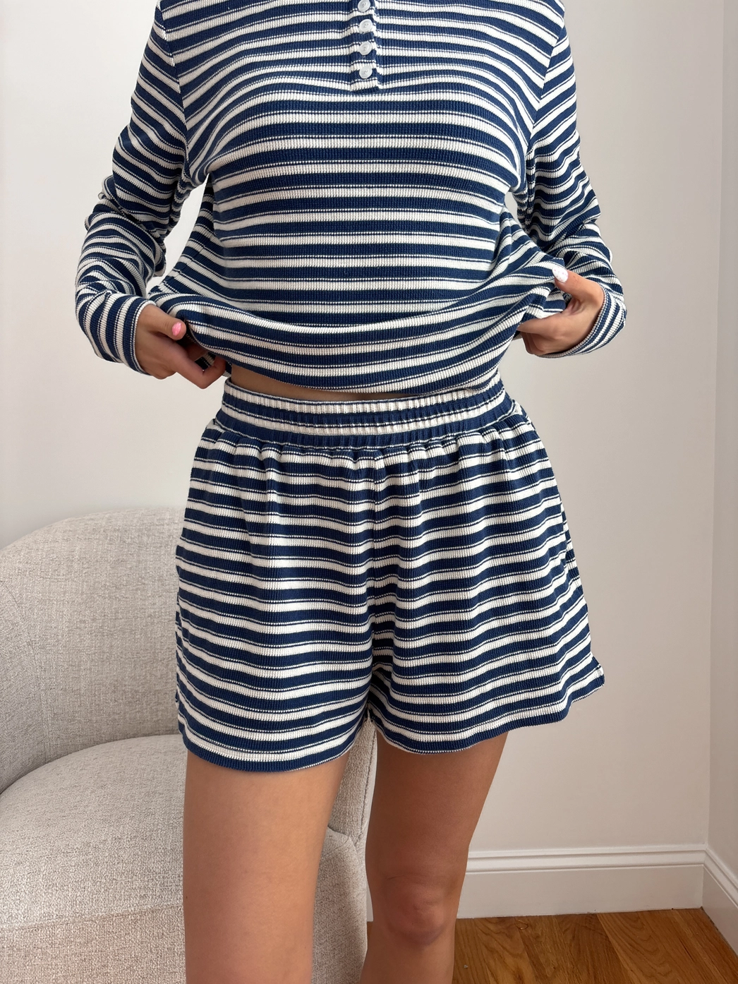 Blue and White Striped Loungewear Shorts