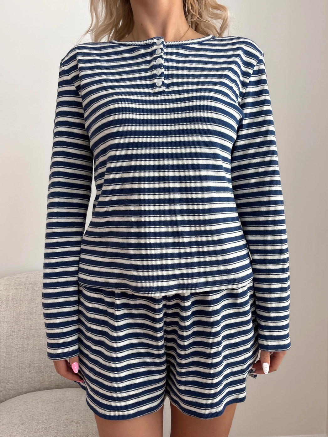 Biue and White Striped Loungewear Long Sleeve Top
