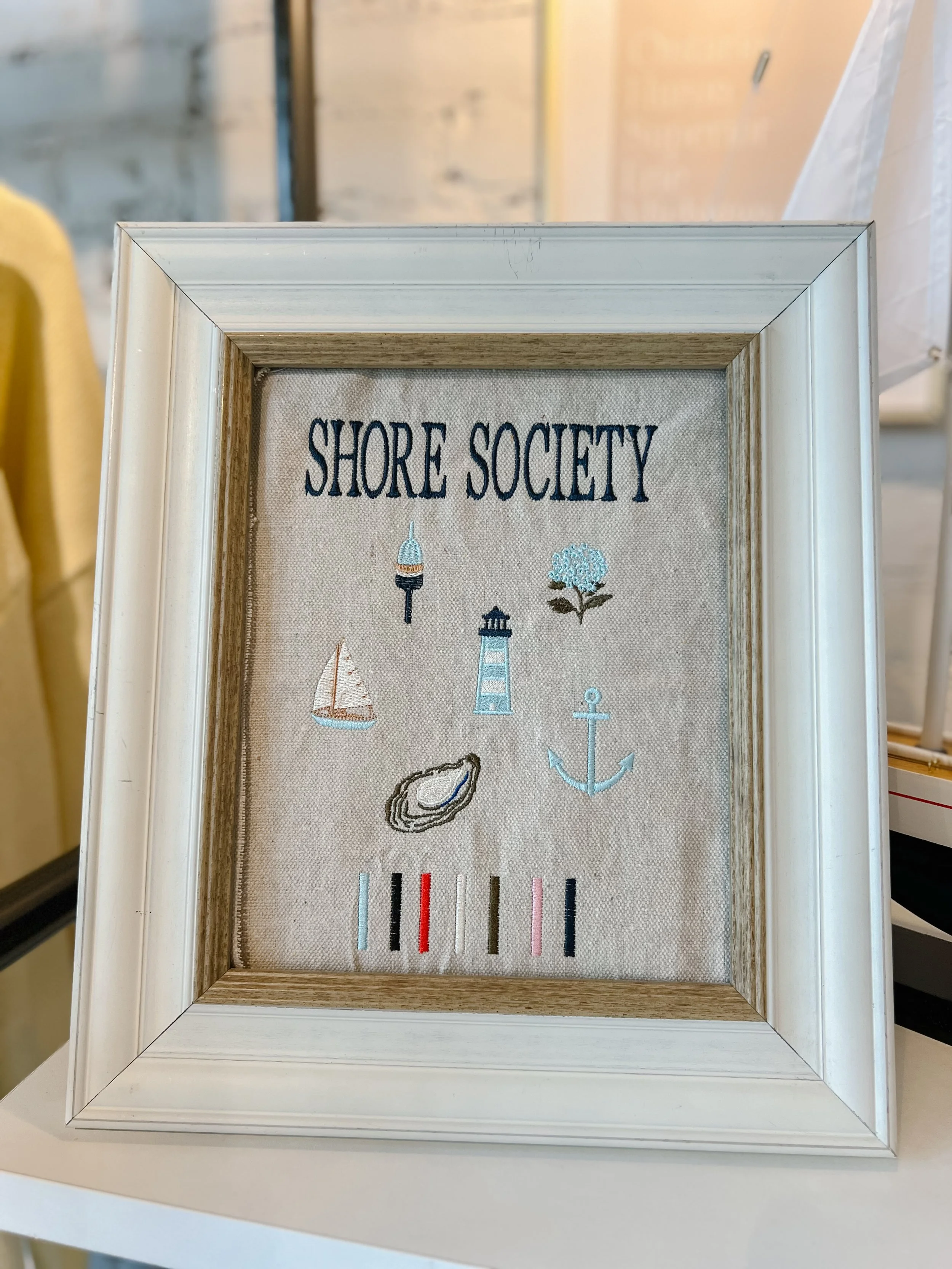 Shore Society custom embroidery icons: oyster, anchor, hydrangea