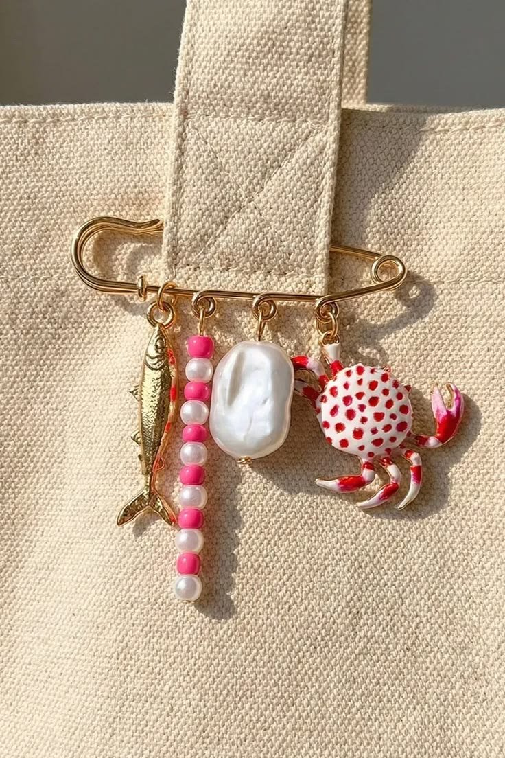 Coastal bag charm clip with beaded charms