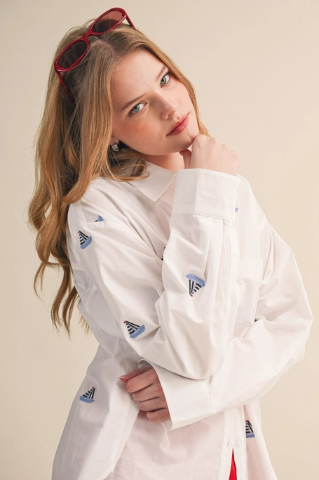 Sailboat Embroidered Button-Down