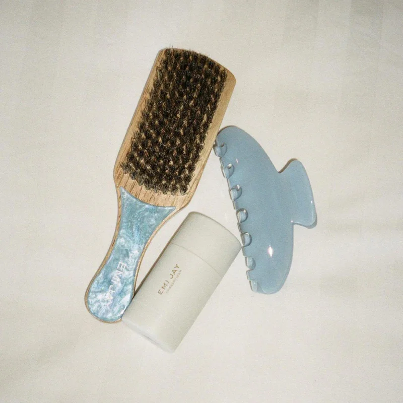 Emi Jay mini boar bristle hair brush with blue marbled handle
