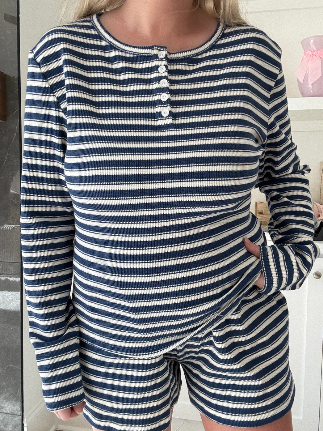 Biue and White Striped Loungewear Long Sleeve Top