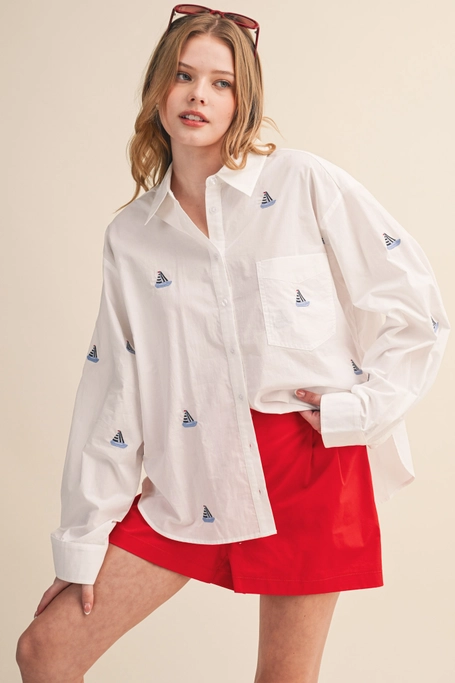 Sailboat Embroidered Button-Down
