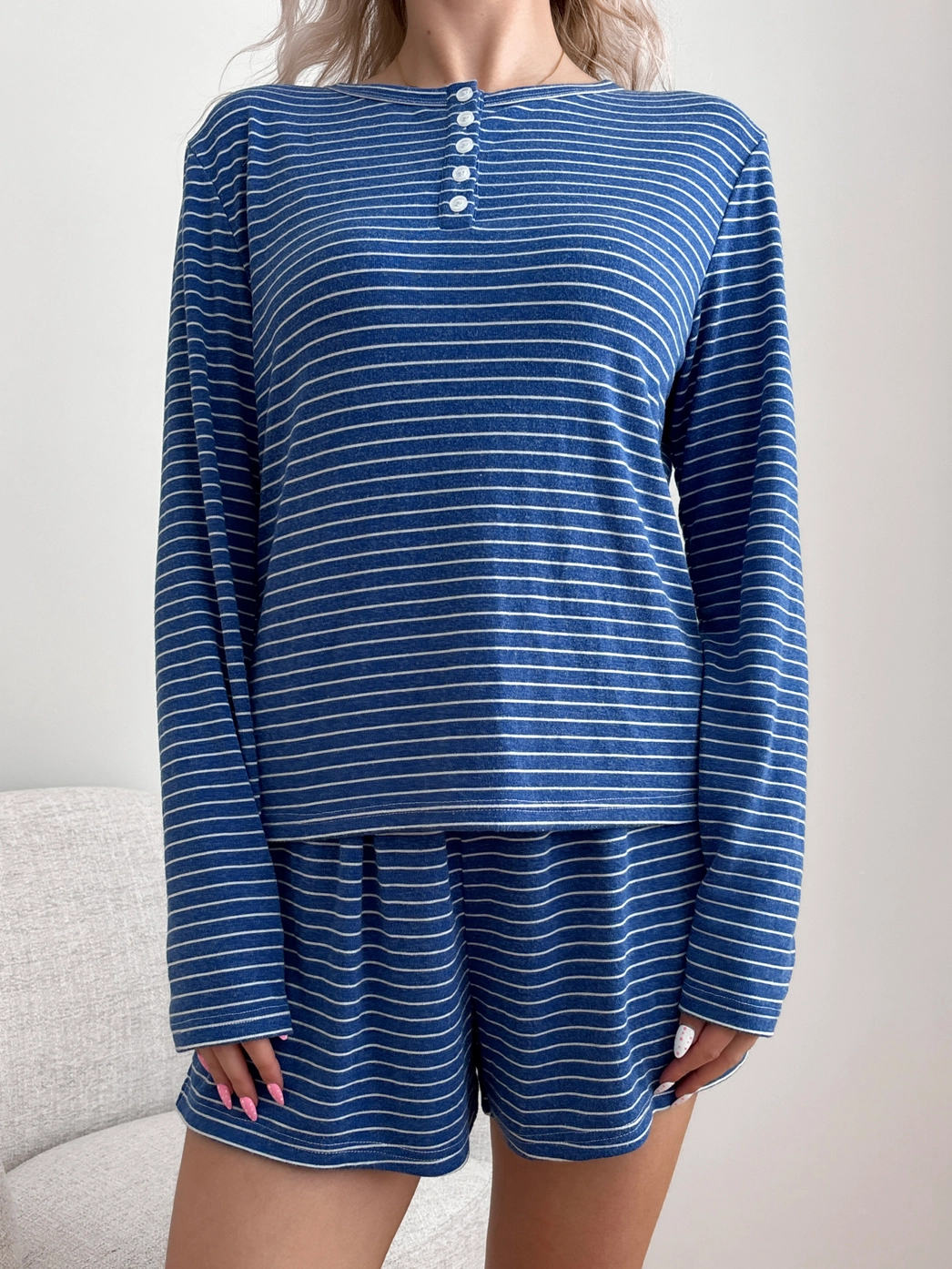 Blue Striped Loungewear Long Sleeve Top