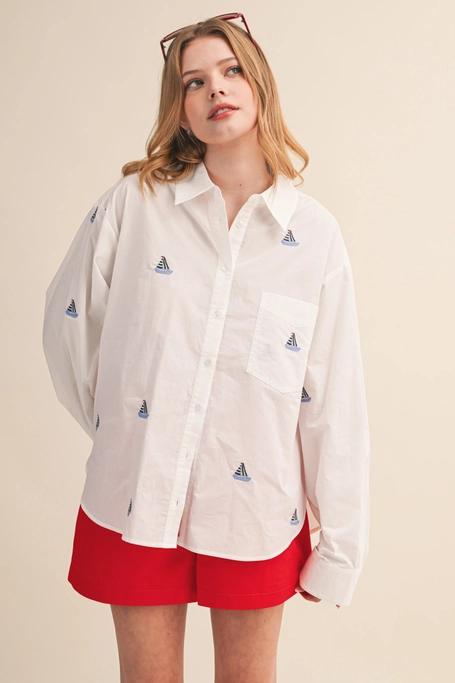 Sailboat Embroidered Button-Down