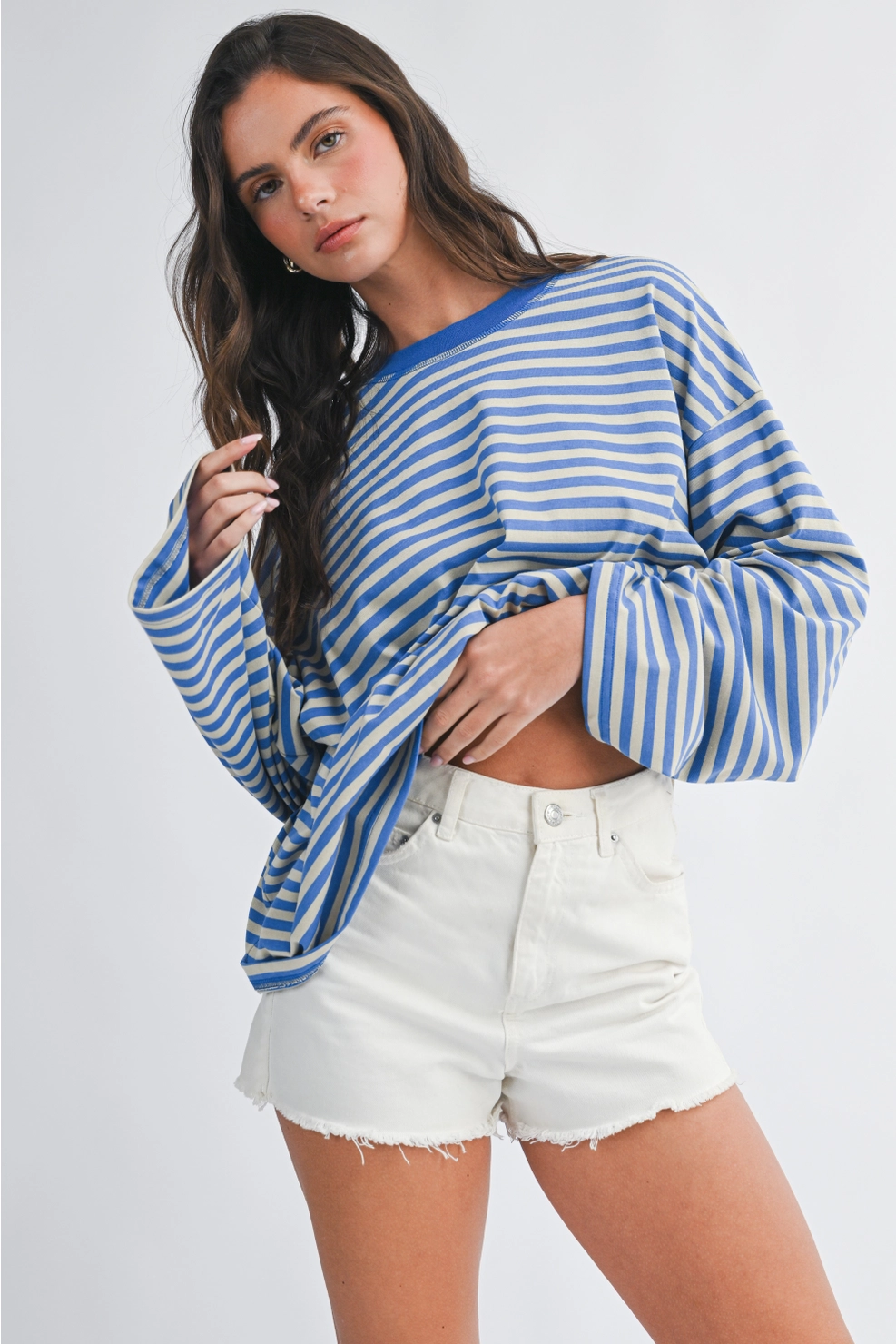 Blue and cream striped long sleeve tee