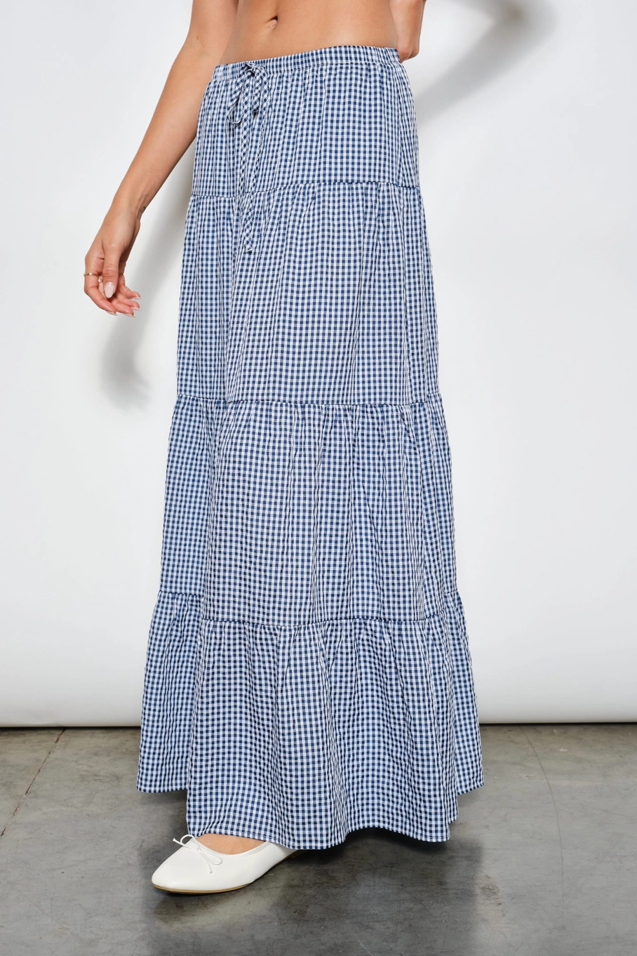 Blue and white gingham tiered maxi skirt with drawstring waist