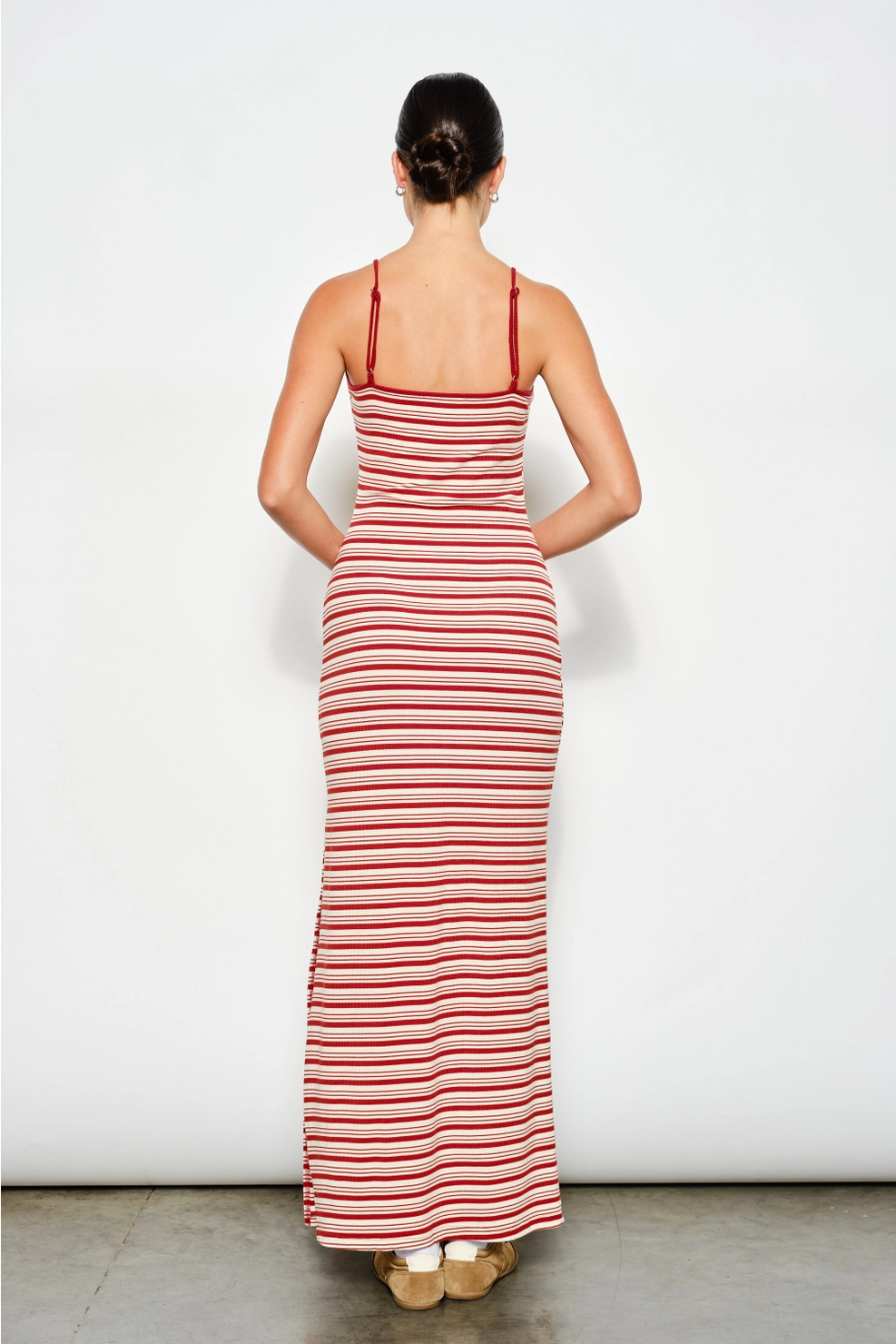 Red and cream striped maxi dress
