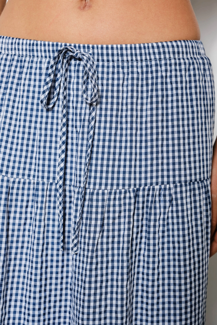Blue and white gingham tiered maxi skirt with drawstring waist