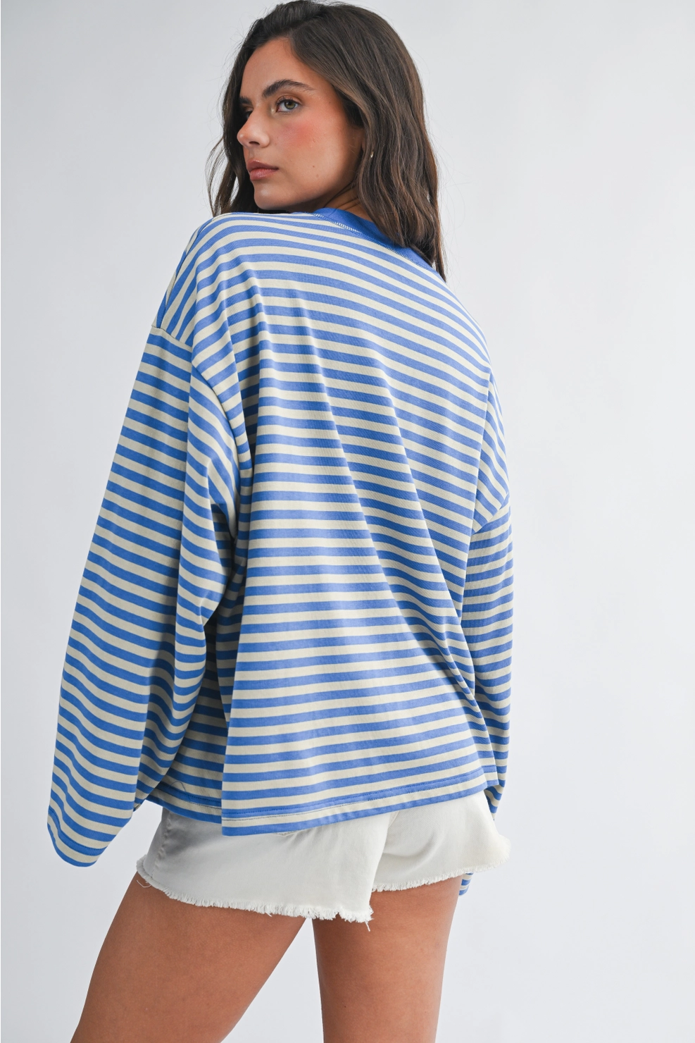 Blue and cream striped long sleeve tee