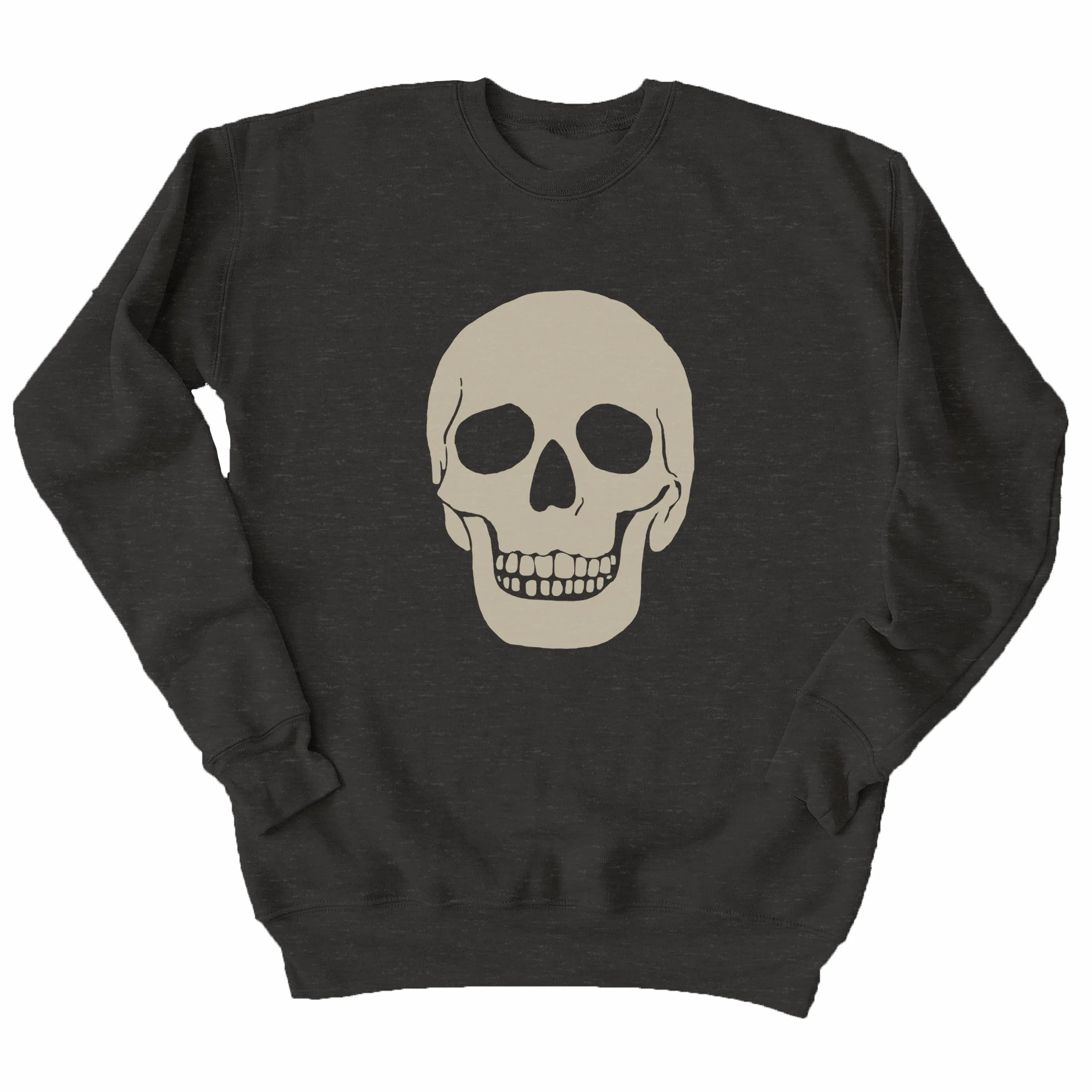 Black heather skull crewneck sweatshirt featuring a large ivory skull graphic, a classic spooky Halloween sweatshirt.