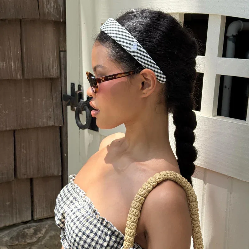 Emi Jay black gingham halo headband with twisted design