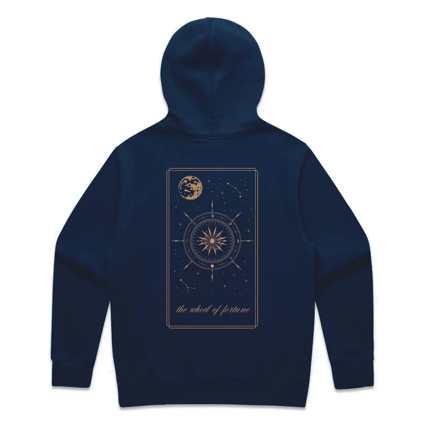 Navy Spellbound women’s Halloween hoodie with “I put a spell on you” lettering, crescent moon and stars, a cozy witchy fall graphic sweatshirt.