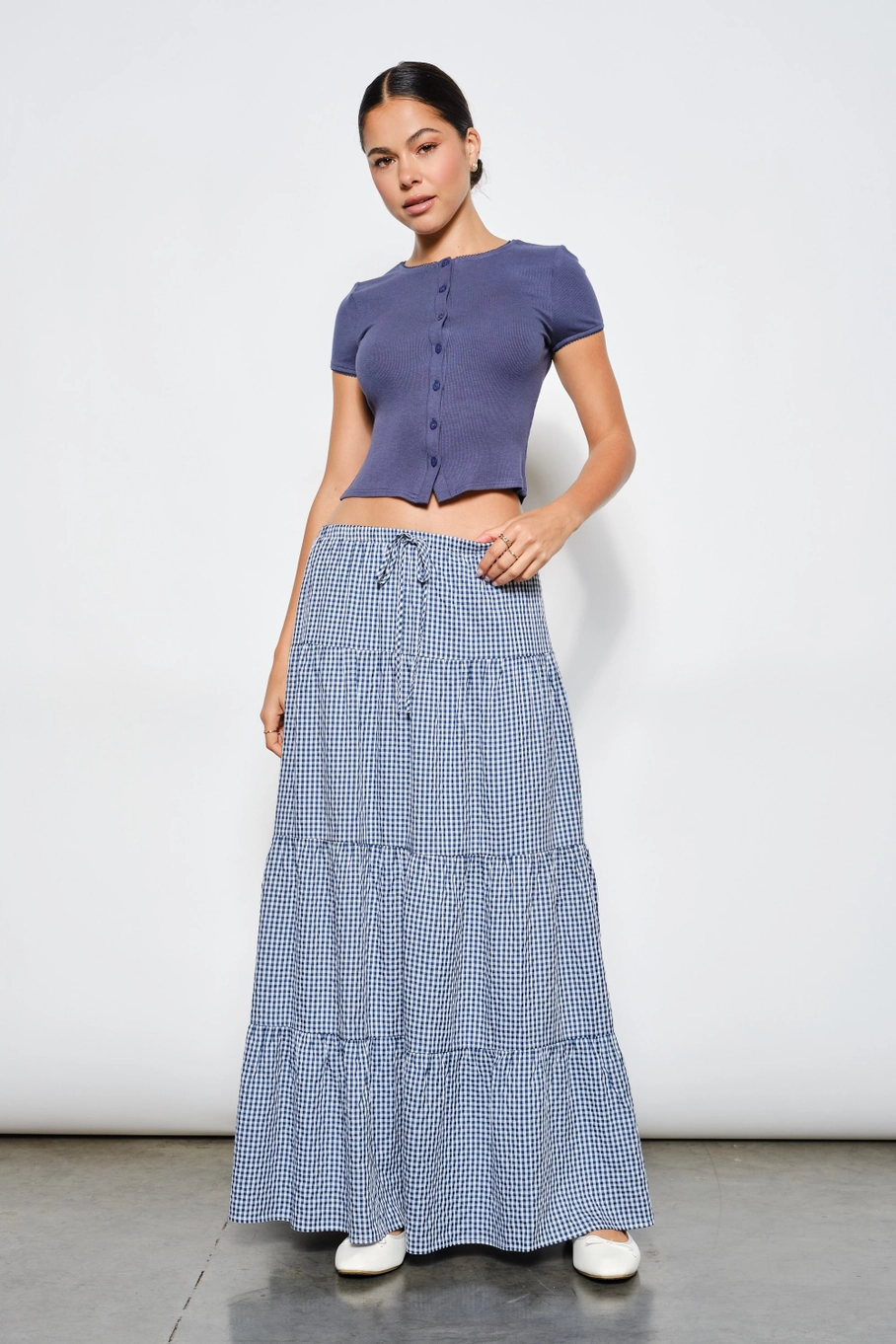 Blue and white gingham tiered maxi skirt with drawstring waist