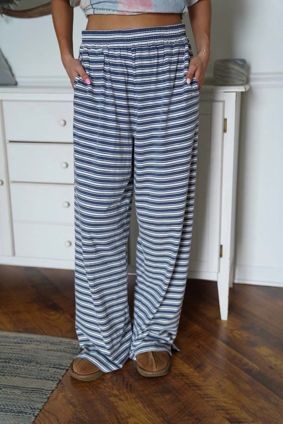 Blue and White Striped Loungewear Pants
