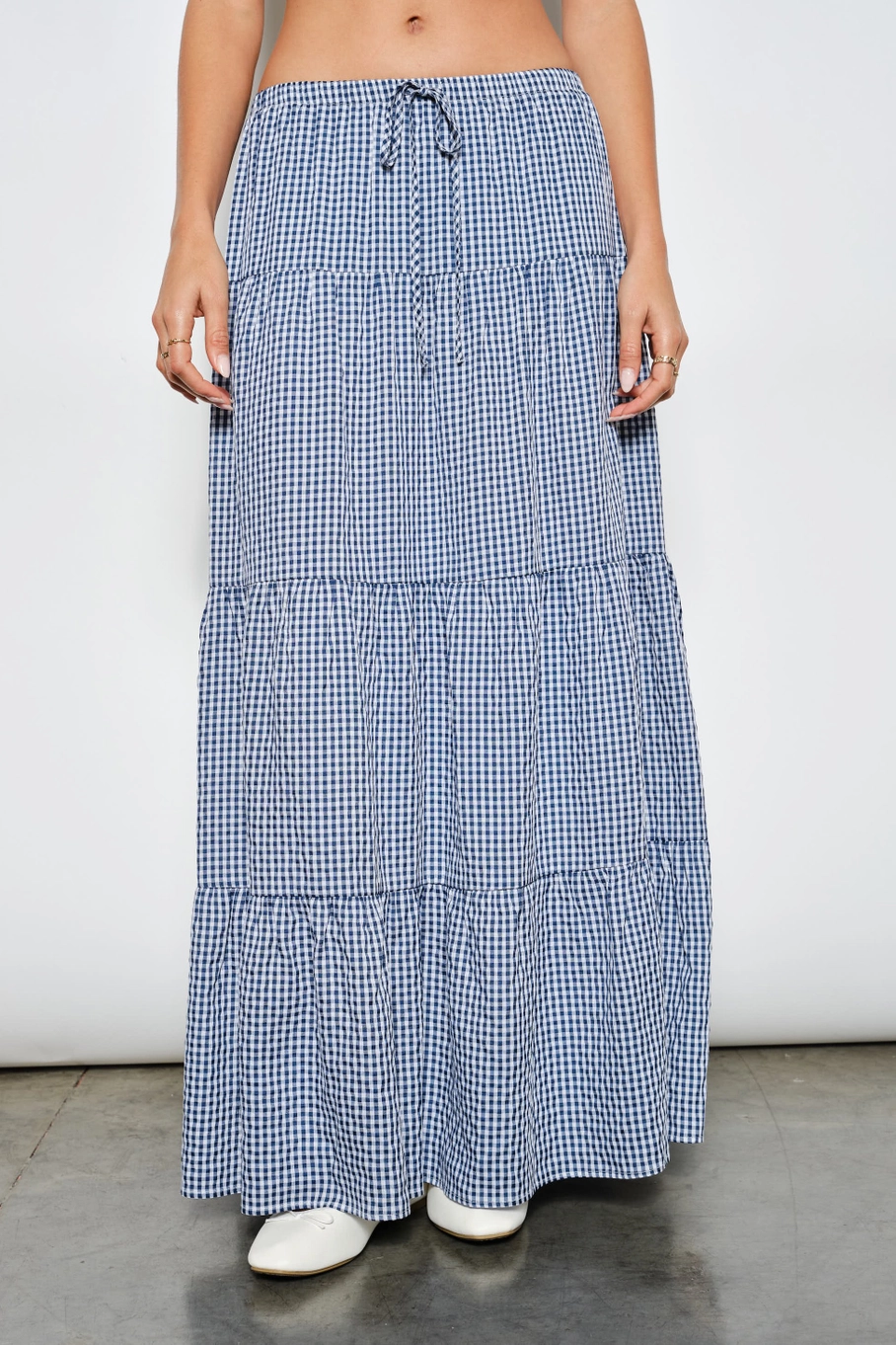 Blue and white gingham tiered maxi skirt with drawstring waist