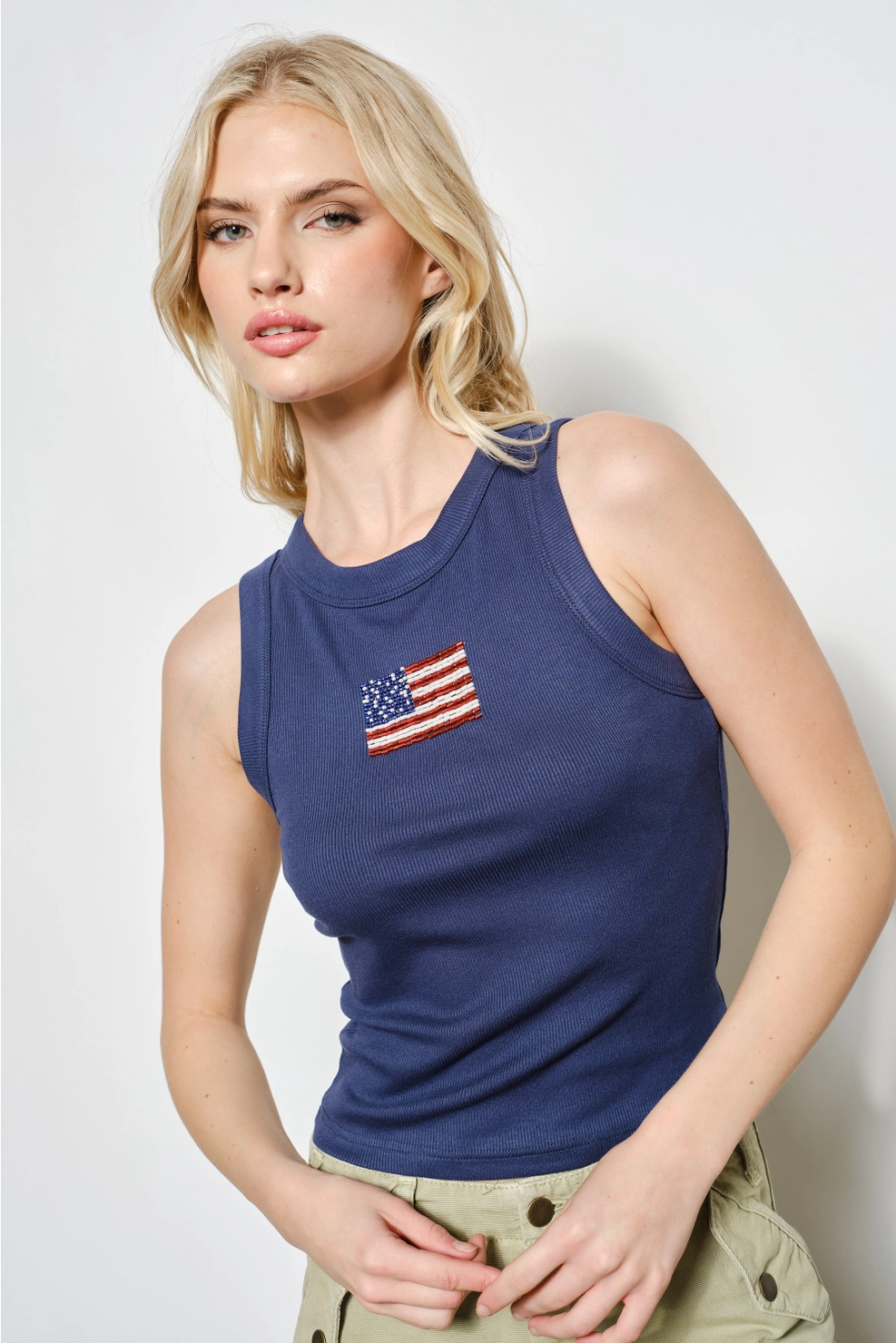 Navy ribbed tank with small American flag detail