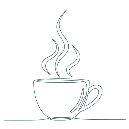 Outline drawing of a steaming coffee cup on a flat surface.