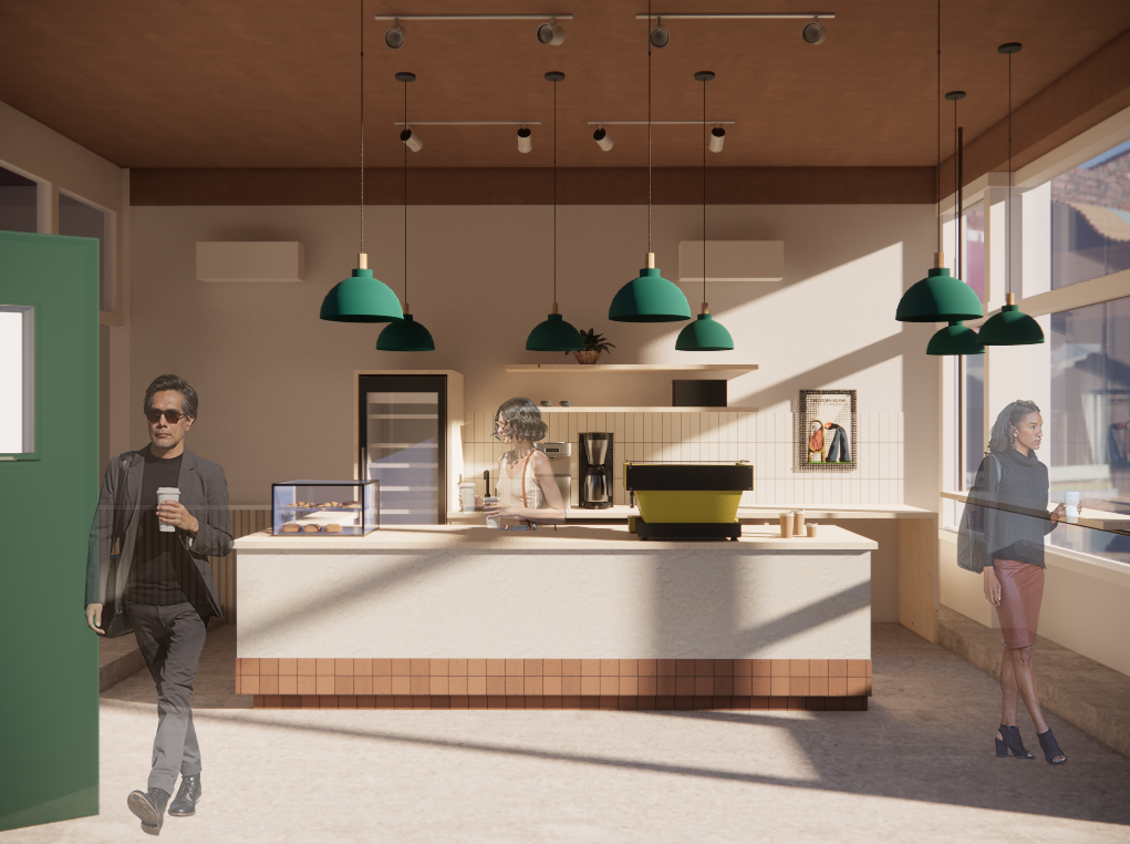 Minimal, pop-punk coffee shop interior with a plaster + tile service counter, green pendant lights, and customers enjoying coffee.