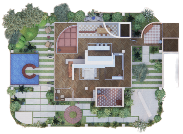 Top-down view of The Visionaire penthouse with a backyard featuring a swimming pool, patio, garden areas, and surrounding trees and landscaping.
