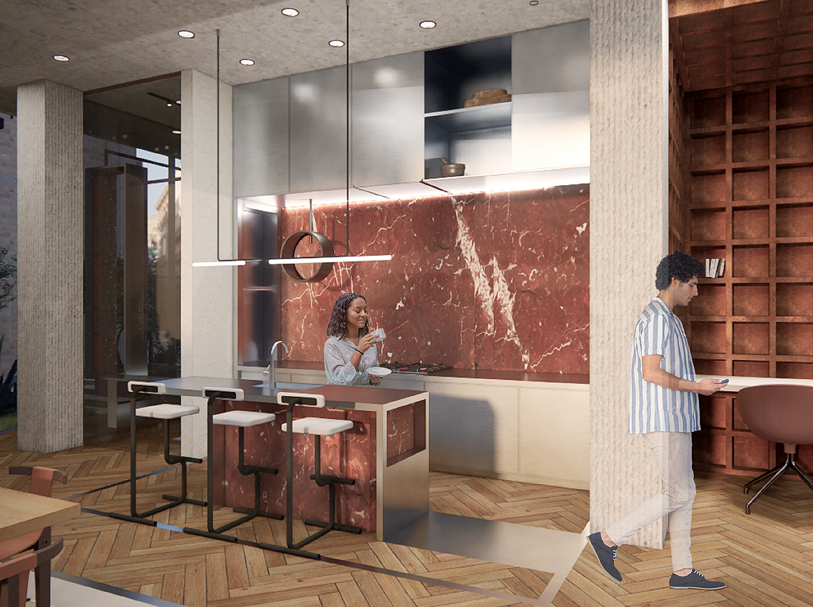 Modern penthouse kitchen with Rojo Alicante red marble backsplash, stainless steel upper cabinets, and herringbone wooden flooring. Two people are present: a woman near the sink with a bowl and phone, and a man walking while looking at his phone.