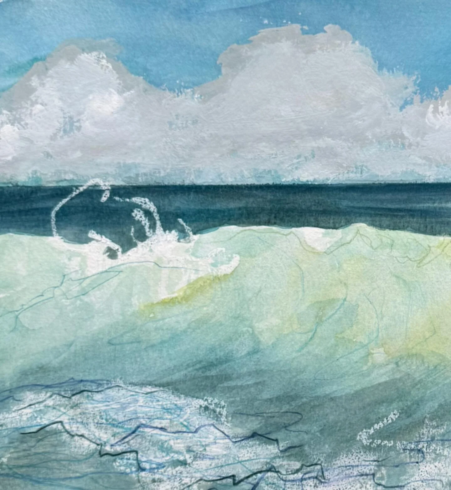 After holiday update: Slowly but surely I will be revealing bits and pieces of new art I&rsquo;ve been busy creating! This here is just a small peek a a section of a larger painting that just splashes off the page with joy!!! 

#splash 
#joy
#ocean 
