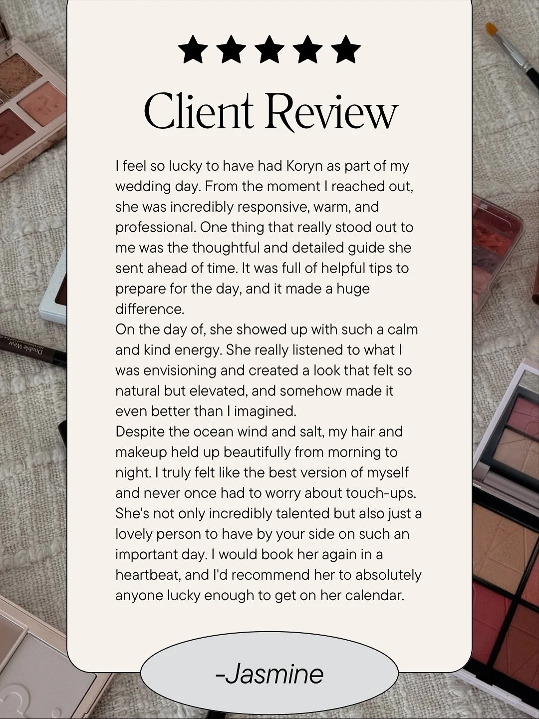 Hot off the press ⭐️⭐️⭐️⭐️⭐️

Your words mean everything. 💌 If I&rsquo;ve glammed you for a wedding, event, or just because&mdash;leave a review! It helps future brides find an artist they can trust (and makes my day, obviously).🥰

#BridalSoftGlam 