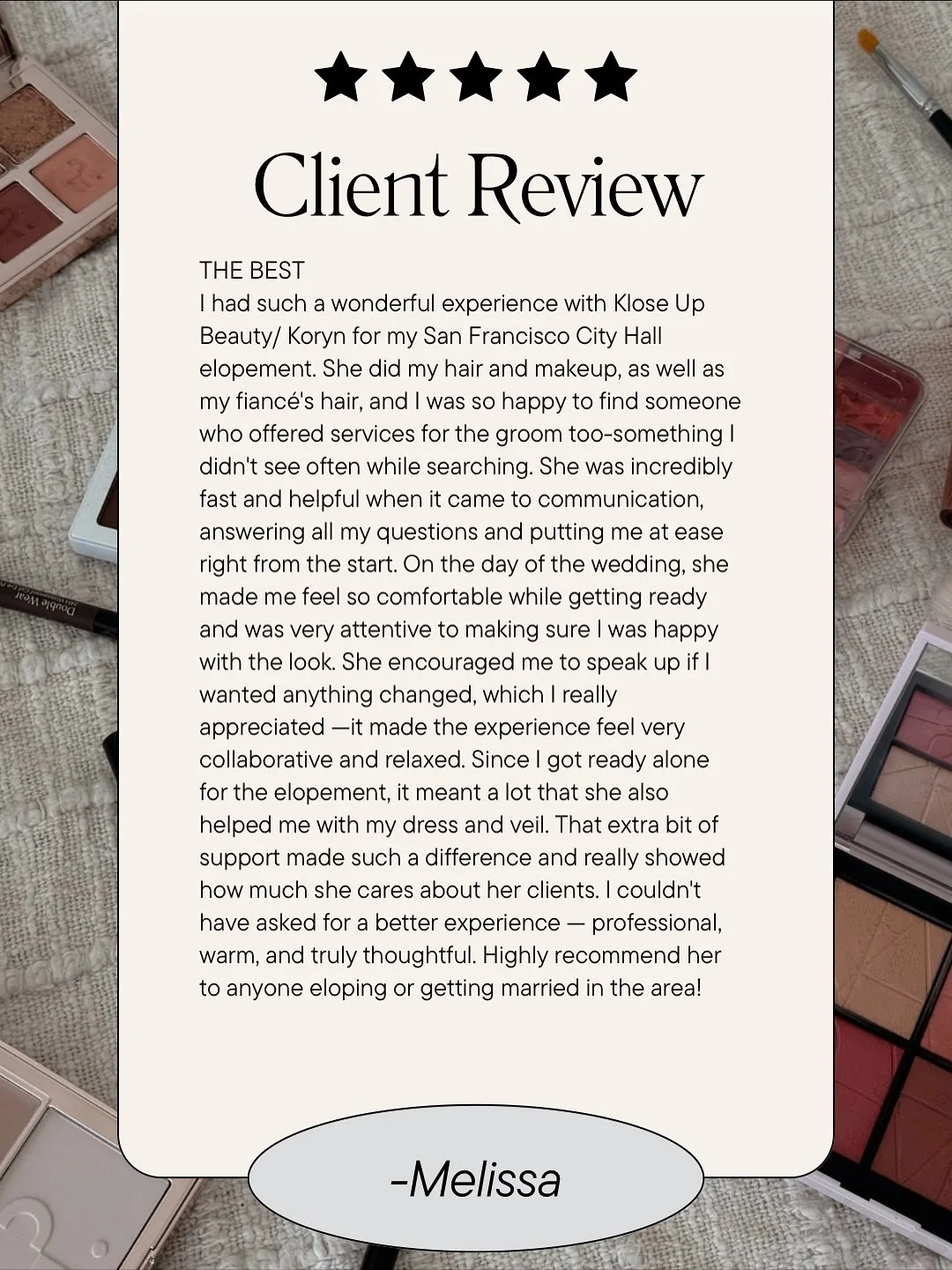 ⭐️⭐️⭐️⭐️⭐️Review drop 

Bringing calm, confidence, and good vibes to your wedding morning &mdash; every single time💕

Your trust means the world to me. Thank you for letting me be a small part of your big day. ✨

#LuxuryBridalBeauty #CaliforniaBrida