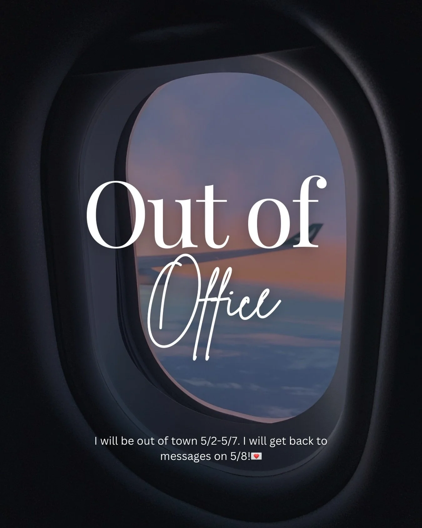 Out of office✨ 

5/2-5/7 
Taking a little vacation 🏝️

I will get back to messages on 5/8💌 

*If it&rsquo;s urgent please text me at 407-495-1936.
