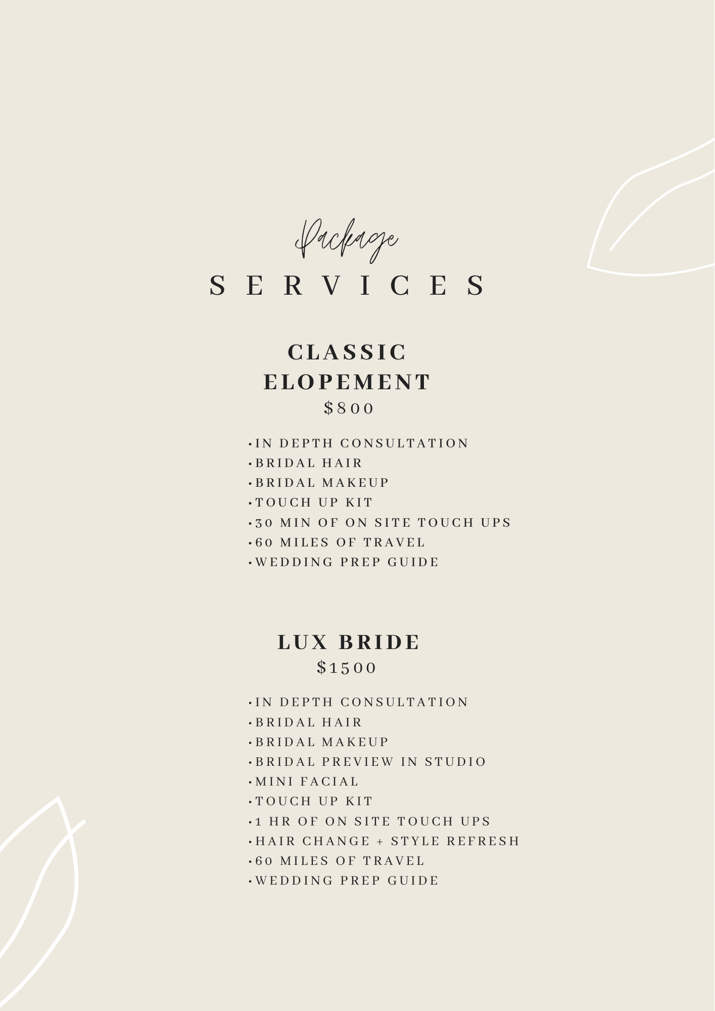 Information sheet detailing additional services and content creation packages, including prices for early start, touch ups, travel, video reels, raw photos, and turnaround times.