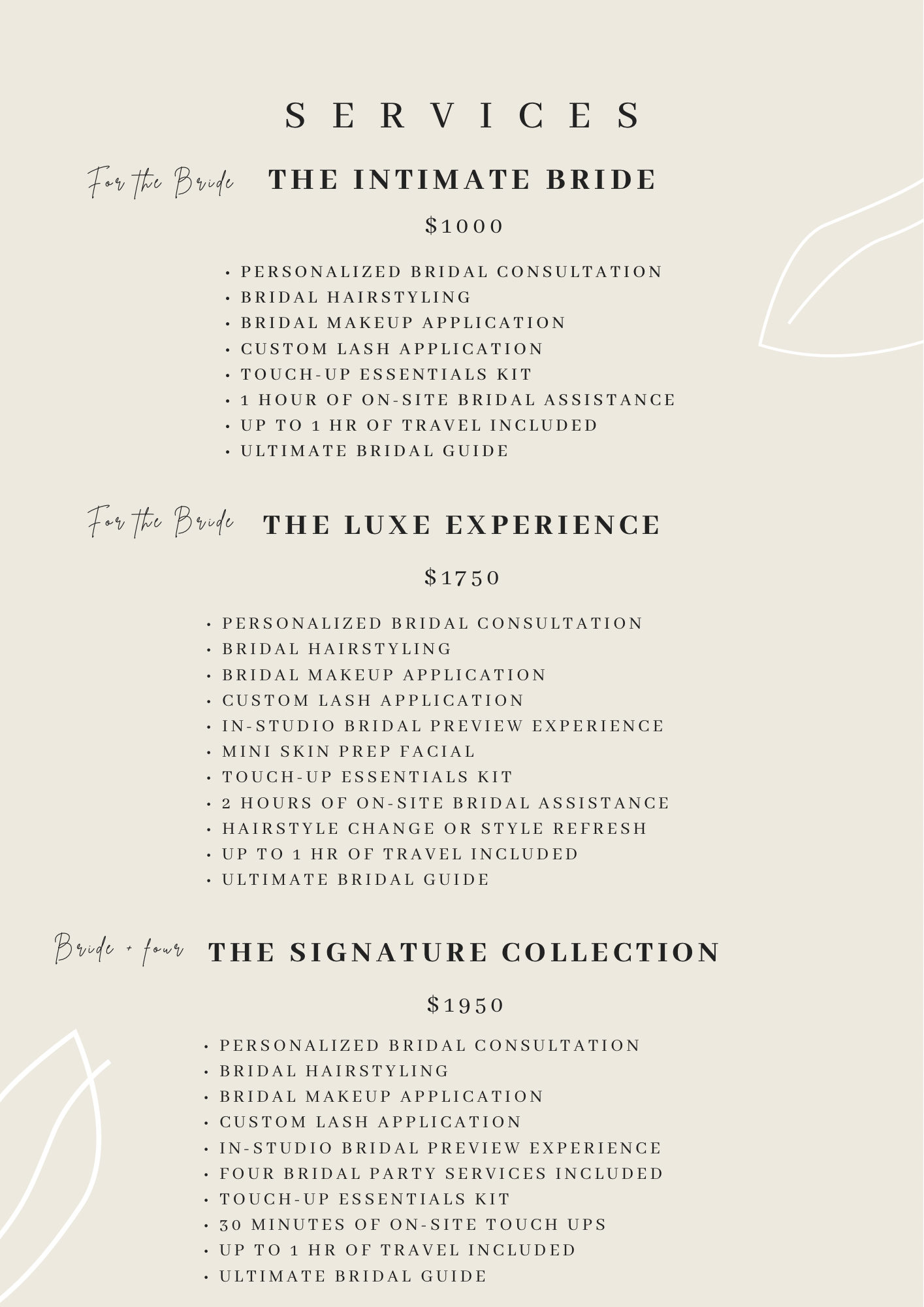 Wedding package services menu with options for Classic Elopement at $800 and Lux Bride at $1500, including consultations, bridal hair and makeup, touch-up kits, travel miles, and wedding prep guides, on a beige background with minimal leaf illustrations.