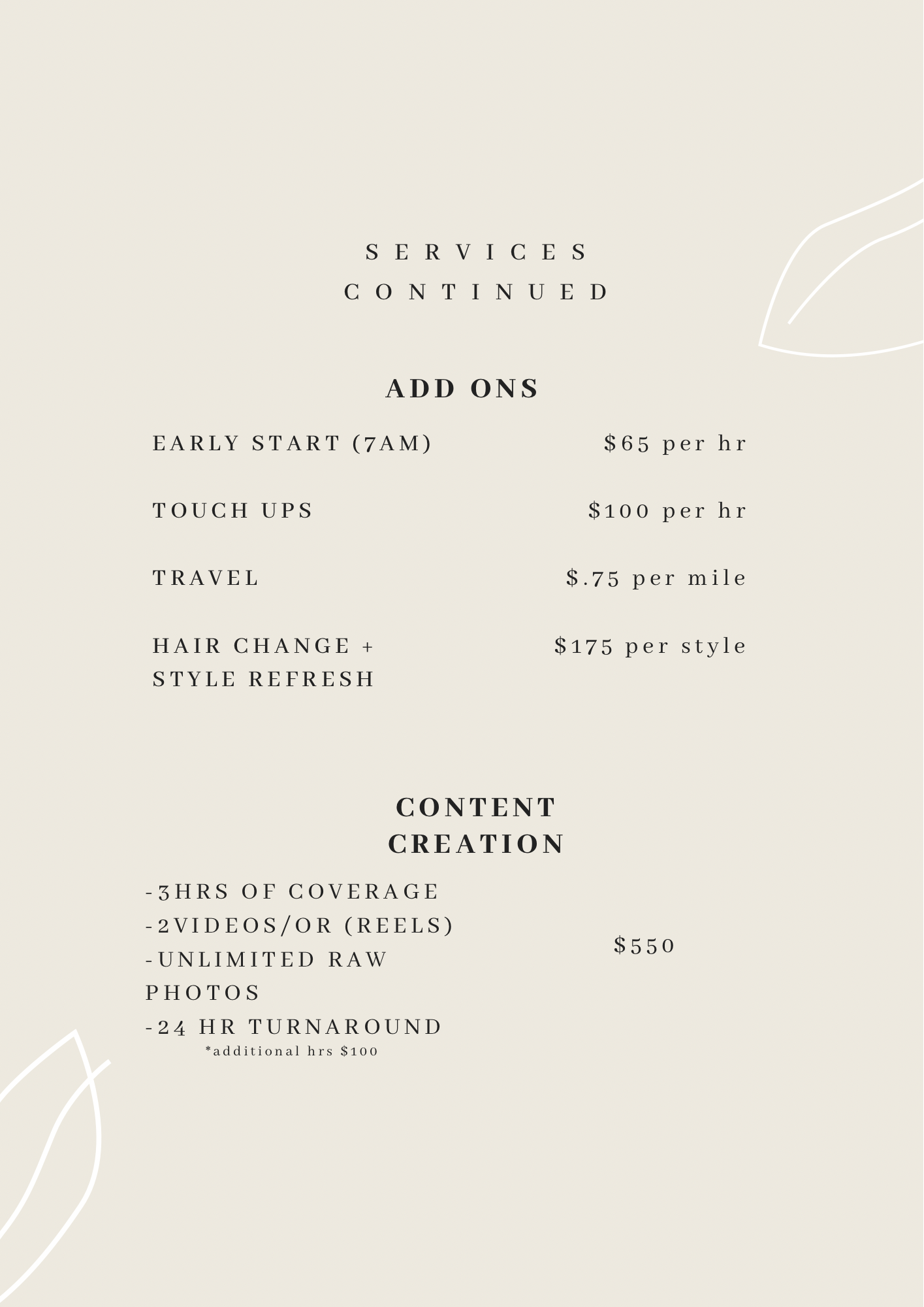 Wedding package services menu with options for Classic Elopement at $800 and Lux Bride at $1500, including consultations, bridal hair and makeup, touch-up kits, travel miles, and wedding prep guides, on a beige background with minimal leaf illustrations.