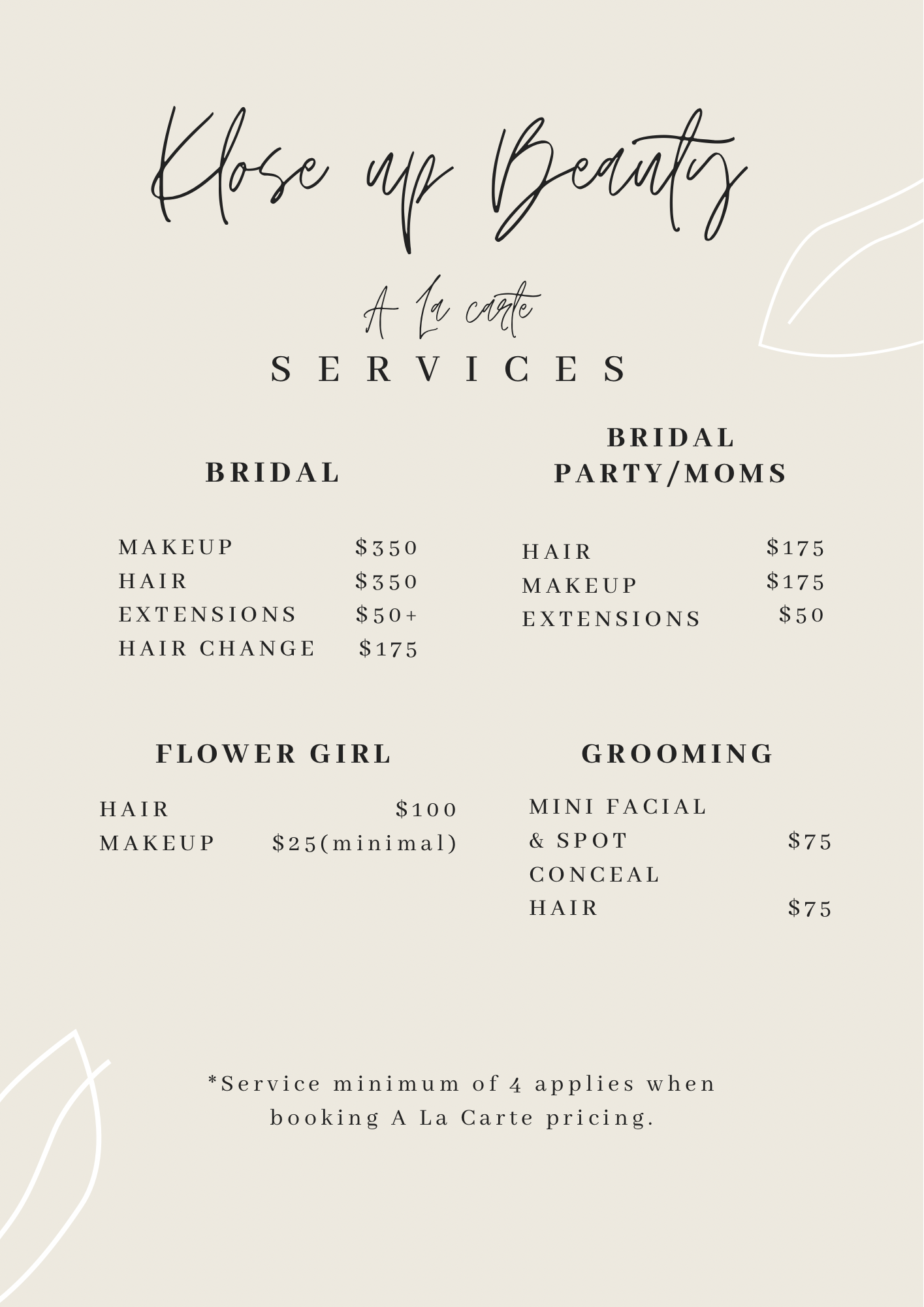 Menu for Rose Up Beauty with services including bridal, party/moms, flower girl, and grooming, listing prices for hair, makeup, extensions, and other beauty treatments. Contact number at the bottom.