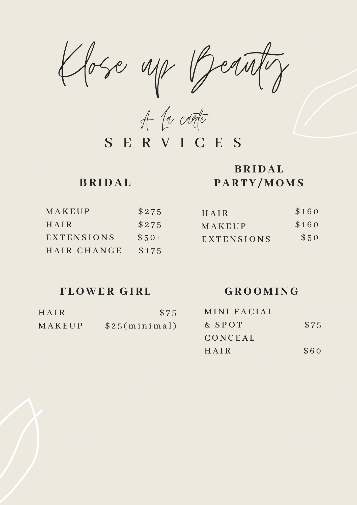 Menu for Rose Up Beauty with services including bridal, party/moms, flower girl, and grooming, listing prices for hair, makeup, extensions, and other beauty treatments. Contact number at the bottom.
