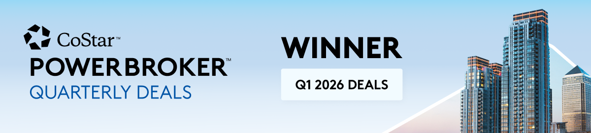 Banner celebrating CoStar PowerBroker quarterly deals winner for Q1 2026, featuring a city skyline with tall buildings and a light blue sky background.